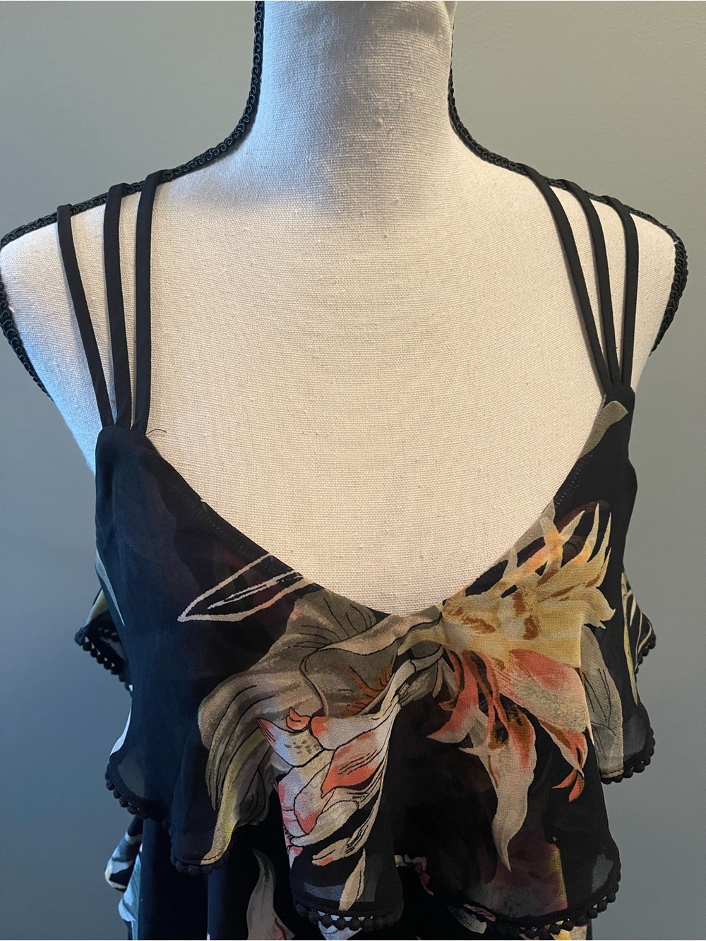 White House Black Market Black Floral Cami with Pink & Green Blooms